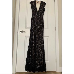 US 8(M) Stretchy Floor Length Dress- Black Lace & Beading Over a Nude Underlay